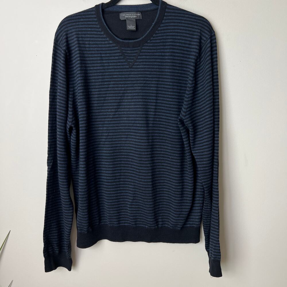 Bloomingdale's Men's 100% Merino Wool Striped Patch Elbow Navy Blue Sweater SZ L